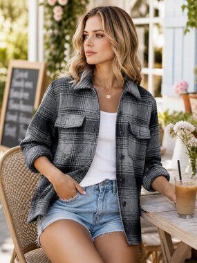 Mystree Black & Grey Plaid Hooded Shacket Jacket | Raw Hem
